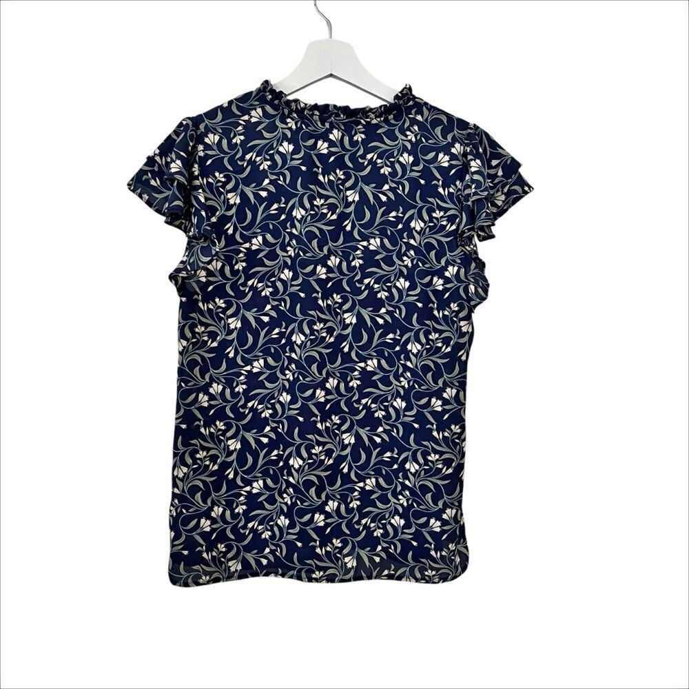 1. State Navy Floral Flutter Sleeve Tie Neck Blouse - Picture 2 of 8